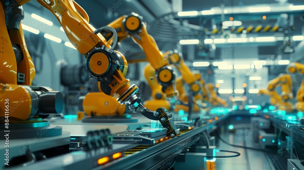 Capture a futuristic factory where autonomous robots and AI systems collaborate seamlessly, highlighting the efficiency Capture a futuristic factory where autonomous robots and AI systems collaborate seamlessly, highlighting the efficiency