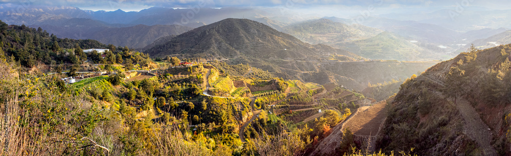 Panoramic view of the Dierona village at the foothills of the Troodos Mountains in the Limassol District, Republic of Cyprus