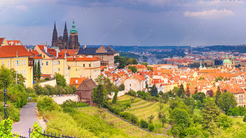 City summer landscape - view of the district of Hradcany with Prague Castle and the historical center of Prague, Czech Republic City summer landscape - view of the district of Hradcany with Prague Castle and the historical center of Prague, Czech Republic