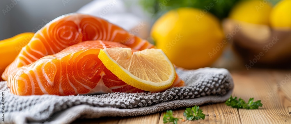 A tight shot of a fish segment on a towel, accompanied by lemons and parsley on a nearby table A tight shot of a fish segment on a towel, accompanied by lemons and parsley on a nearby table