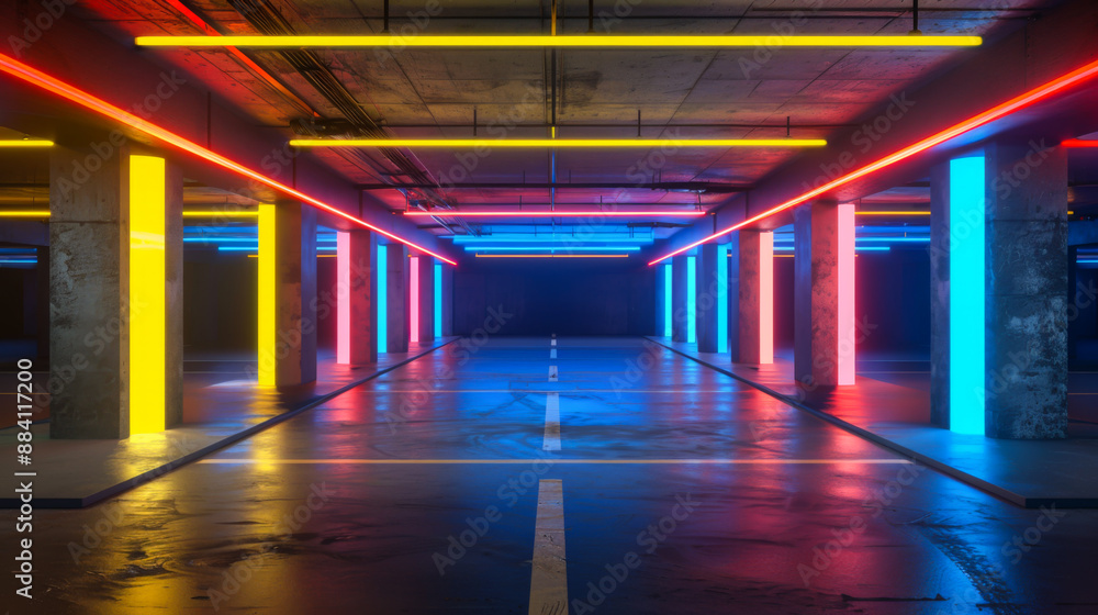 Modern parking space with neon lighting. Yellow, blue and red lighting in the parking lot. Space concept.