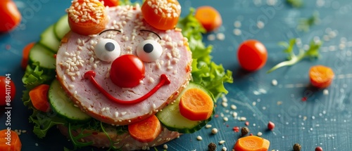 A tight shot of a dish featuring a clown face atop lettuce and carrots