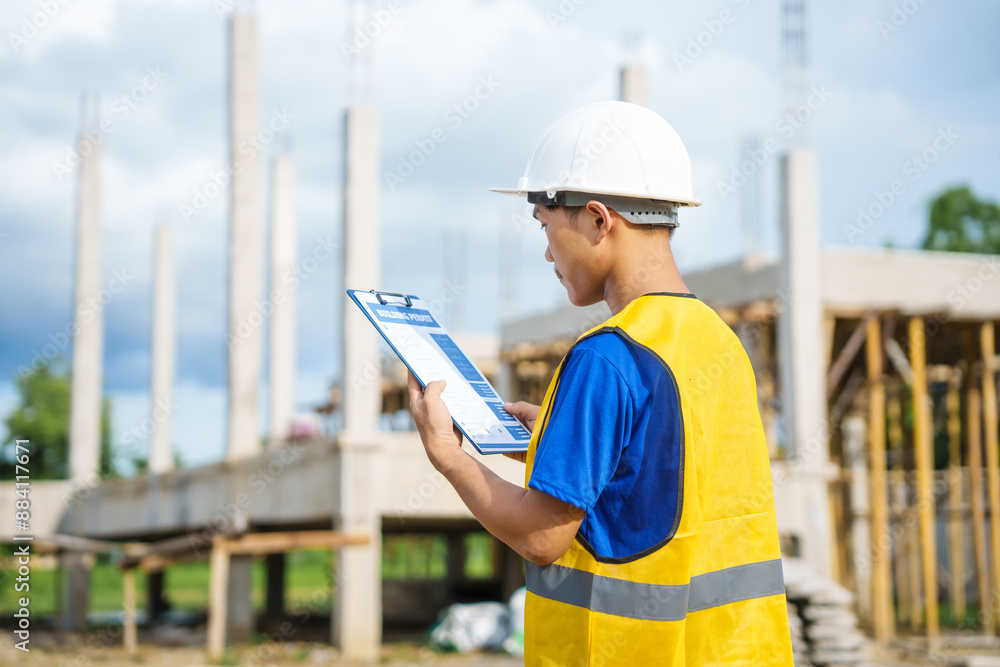 An architect, wearing a hardhat and safety vest, checks a laptop and house plan paper on a clipboard. Blueprints and construction documents lie nearby, emphasizing safety and precision in building. An architect, wearing a hardhat and safety vest, checks a laptop and house plan paper on a clipboard. Blueprints and construction documents lie nearby, emphasizing safety and precision in building.