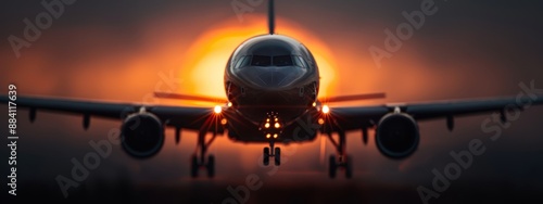  A large jetliner silhouetted against a sunset, hovering over a tranquil body of water, with the setting sun in the backdrop