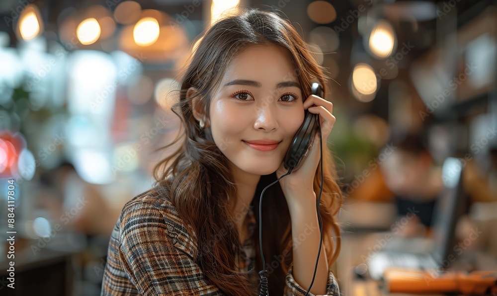 A pretty Vietnamese receptionist is talking on the telephone at her workplace. A pretty Vietnamese receptionist is talking on the telephone at her workplace.