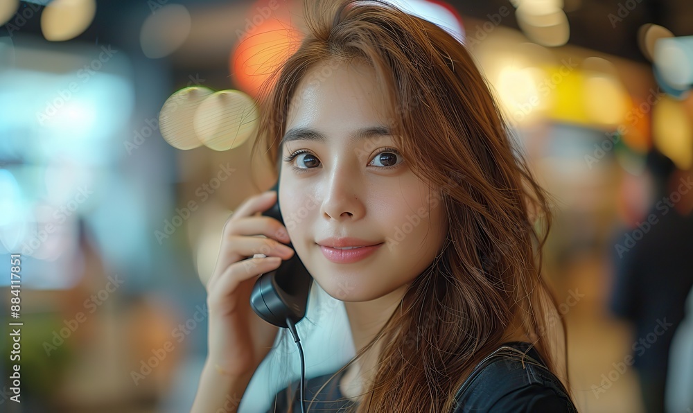 A pretty Vietnamese receptionist is talking on the telephone at her workplace. A pretty Vietnamese receptionist is talking on the telephone at her workplace.