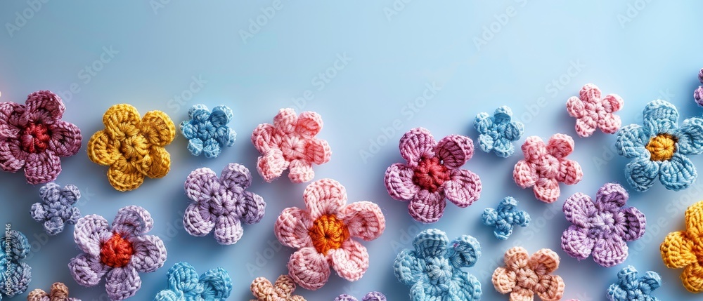 A collection of crocheted blooms arranged on a blue tabletop against a harmonious blue backdrop A collection of crocheted blooms arranged on a blue tabletop against a harmonious blue backdrop