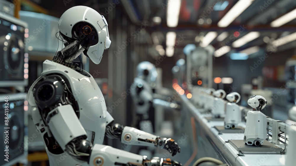 Capture a scene where robots are assembling household appliances, emphasizing the speed and precision of robotic manufacturing. Capture a scene where robots are assembling household appliances, emphasizing the speed and precision of robotic manufacturing.