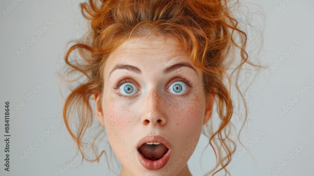 Redhead woman with freckles and blue eyes looks surprised with mouth open Redhead woman with freckles and blue eyes looks surprised with mouth open