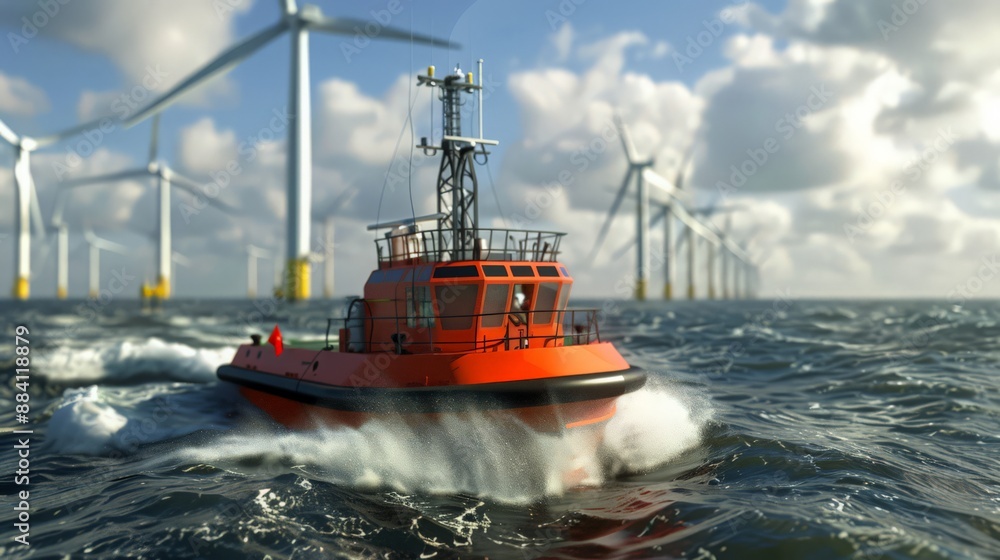 Capture an offshore wind farm service vessel with robotic maintenance arms and advanced weather monitoring systems, ensuring efficient wind turbine operations. Capture an offshore wind farm service vessel with robotic maintenance arms and advanced weather monitoring systems, ensuring efficient wind turbine operations.