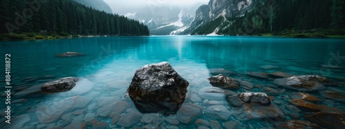  A large rock perches atop the river's edge, bordering a verdant forest teeming with tall trees photo