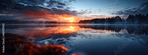  A tranquil scene featuring a vast expanse of water, lined with trees in the backdrop, and a mesmerizing sunset gradually sinking into the heart of the water, ad