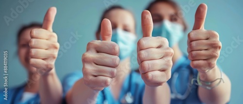  A man in a face mask, giving a double thumbs-up gesture Wears two surgical masks, one on each facial half