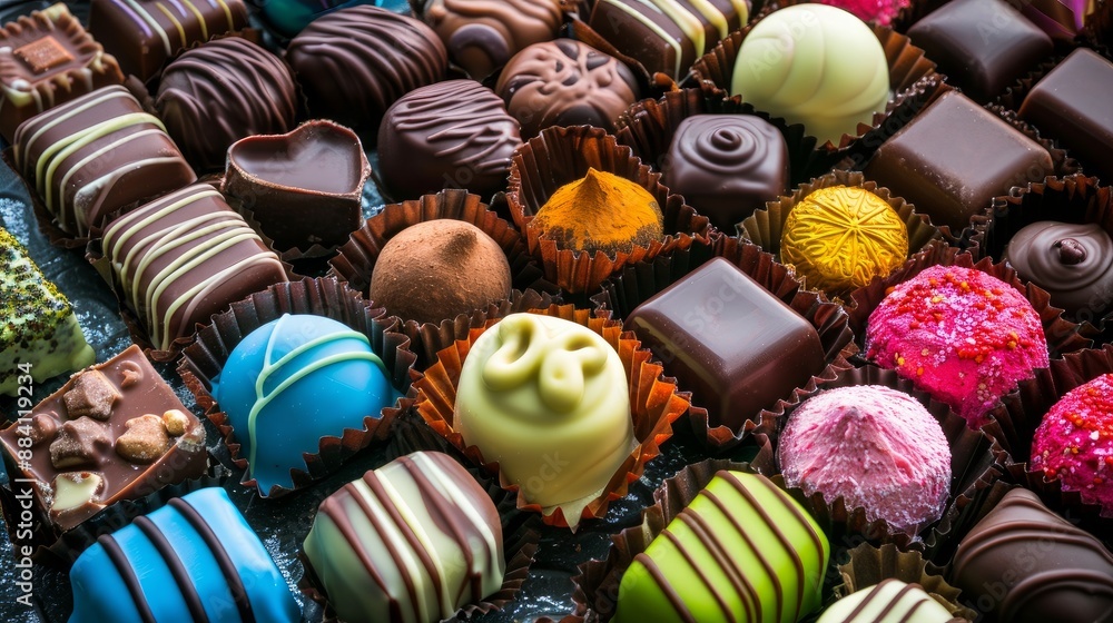 Variety of vibrant chocolates in boxes, perfect for special occasions Variety of vibrant chocolates in boxes, perfect for special occasions