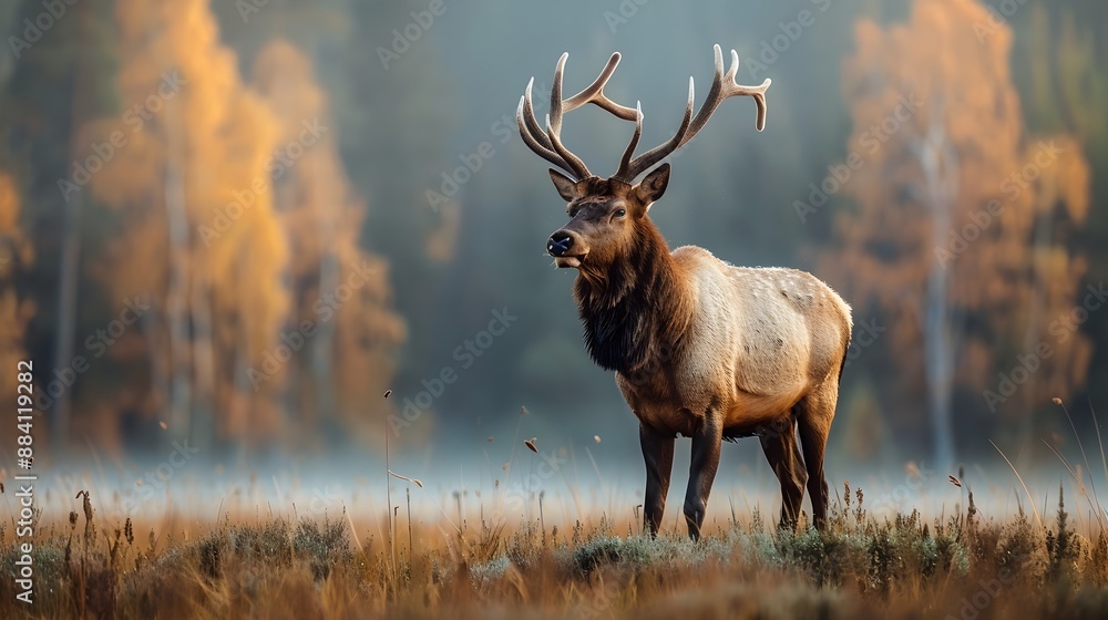 Majestic Elk Standing Proudly in Misty Meadow at Dawn Majestic Elk Standing Proudly in Misty Meadow at Dawn