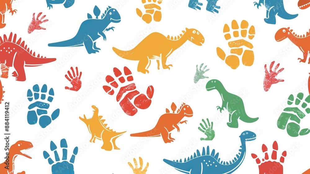 The image depicts amusing dinosaur illustrations accompanied by colored footprints, creating a delightful and engaging design suitable for both children and educational materials. The image depicts amusing dinosaur illustrations accompanied by colored footprints, creating a delightful and engaging design suitable for both children and educational materials.