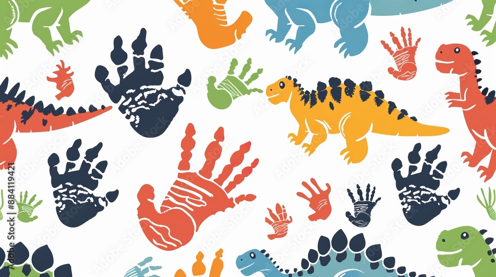 This image features a colorful pattern of various dinosaurs and footprints, perfect for creating a playful and educational environment for children, showcasing vibrancy and excitement. This image features a colorful pattern of various dinosaurs and footprints, perfect for creating a playful and educational environment for children, showcasing vibrancy and excitement.