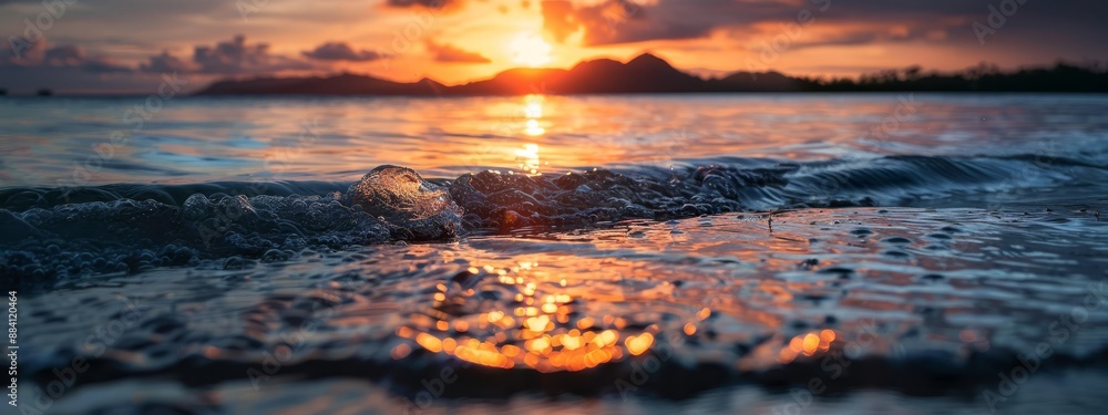 A sunset over a tranquil body of water, where a solitary wave advances towards the shore, and a quaint island lurks in the distance A sunset over a tranquil body of water, where a solitary wave advances towards the shore, and a quaint island lurks in the distance