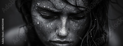  A monochrome image of a woman's closed-eyed face dotted with water droplets © Jevjenijs