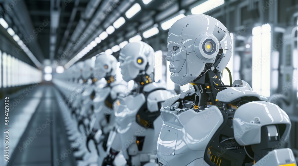 Capture the futuristic look of a factory where robots are autonomously managing inventory and logistics, showcasing the integration of AI and robotics. Capture the futuristic look of a factory where robots are autonomously managing inventory and logistics, showcasing the integration of AI and robotics.
