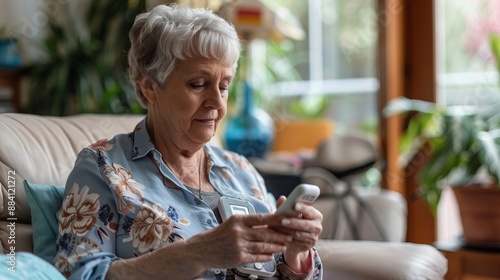 An elderly woman with gray hair uses a medical device to measure her health status while seated comfortably in a bright, cozy living room surrounded by plants.