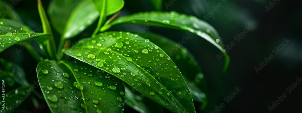 A tight shot of a green leafy plant with water beads gracing its surface and verdant leaves in the backdrop A tight shot of a green leafy plant with water beads gracing its surface and verdant leaves in the backdrop