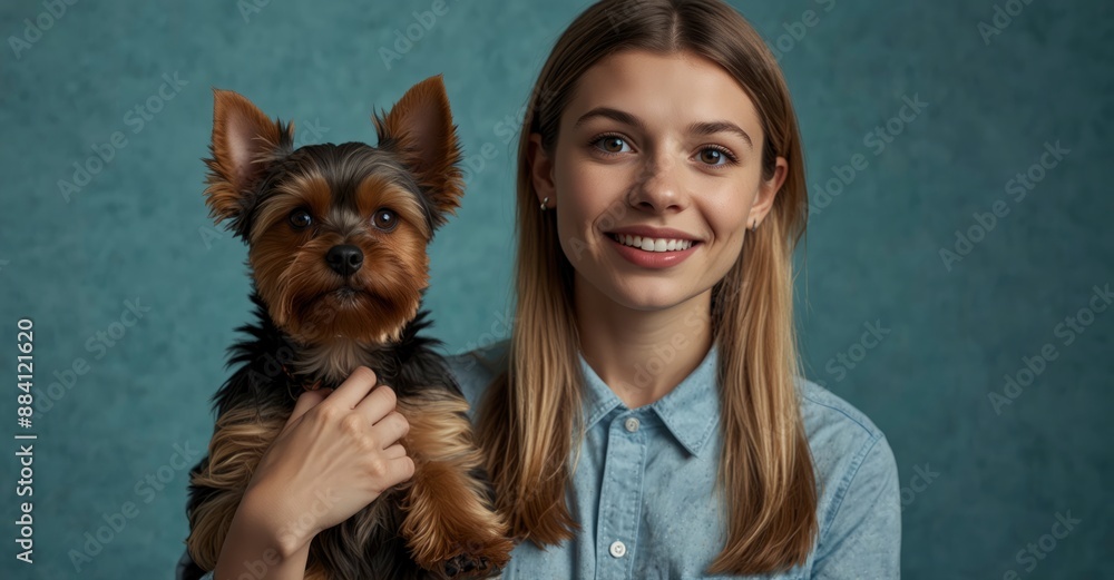 Young woman holding Yorkshire Terrier, blue background, text space