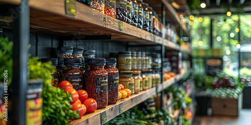 A variety of products neatly arranged on wooden shelves in a supermarket.