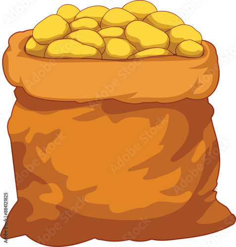 Full burlap sack overflowing with raw potatoes