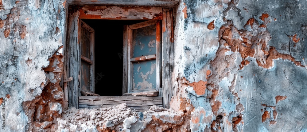 A tight shot of a window revealing peeling paint on the wall behind it, with chips missing from the wall's surface A tight shot of a window revealing peeling paint on the wall behind it, with chips missing from the wall's surface
