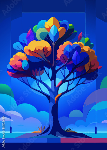 Fototapeta Naklejka Na Ścianę i Meble -  Colorful tree with leaves on hanging branches illustration background. 3d abstraction wallpaper . Floral tree with multicolor leaves