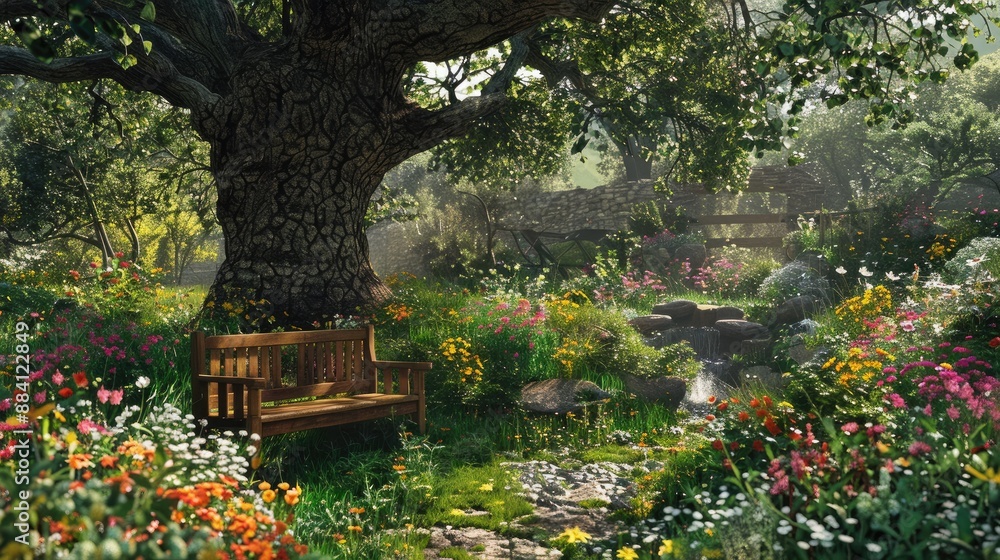 A tranquil garden with an ancient oak tree providing shade over a wooden bench, surrounded by wildflowers and a bubbling brook nearby. A tranquil garden with an ancient oak tree providing shade over a wooden bench, surrounded by wildflowers and a bubbling brook nearby.