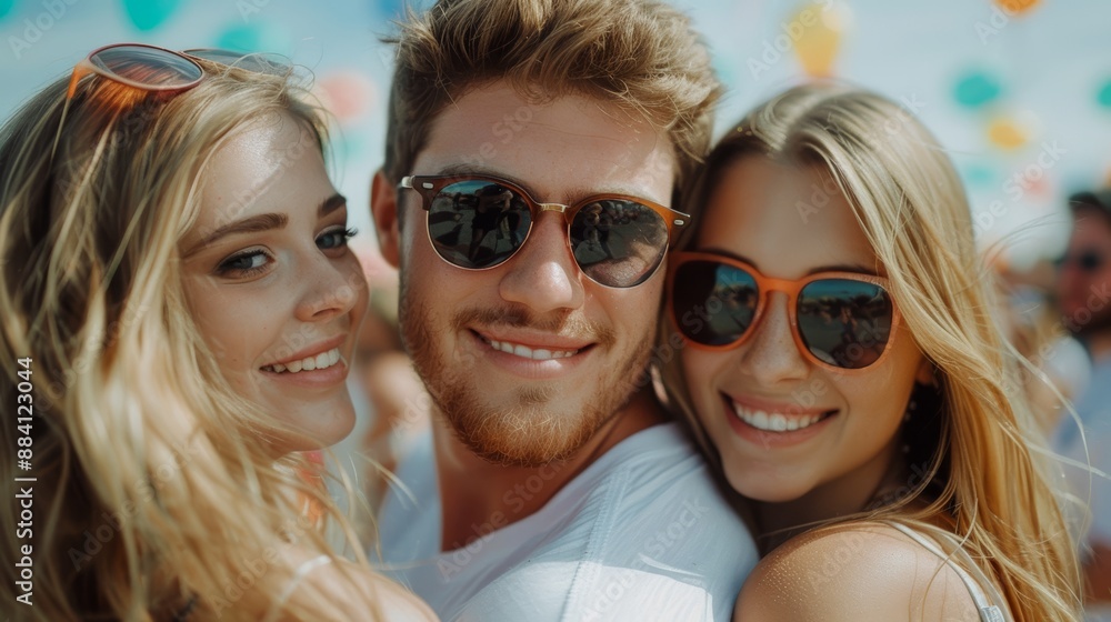 Fototapeta premium Couples and friends exchanging affectionate hugs and smiles at a vibrant outdoor festival, surrounded by lively music, decorations, and a joyful atmosphere