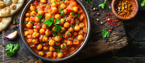 Chole, also known as Chana Masala, is a spicy Indian chickpea curry made with cooked chickpeas simmered in a flavorful tomato-based sauce seasoned with onions, garlic, ginger, chili peppers photo