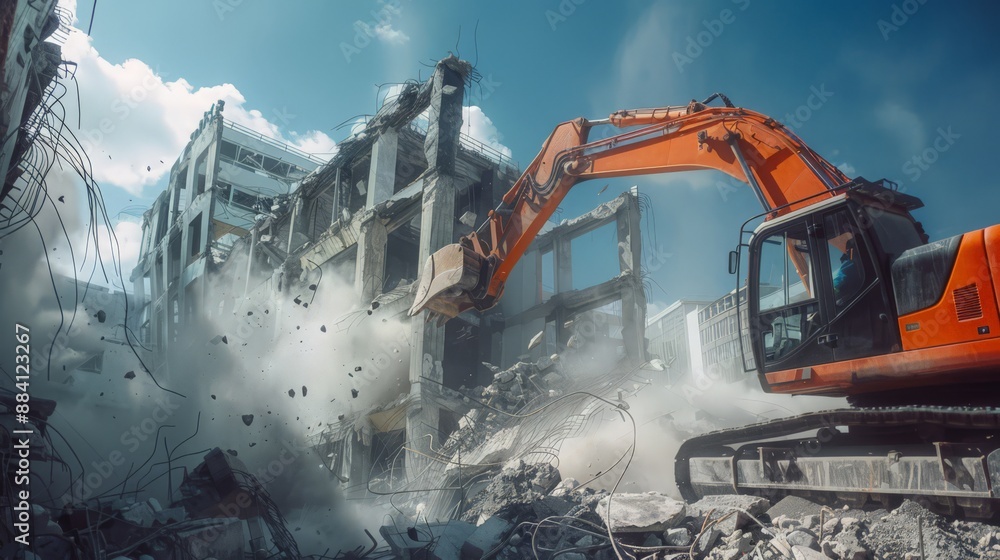 Capture the process of robots performing demolition work, efficiently and safely dismantling an old building. Focus on the precision Capture the process of robots performing demolition work, efficiently and safely dismantling an old building. Focus on the precision
