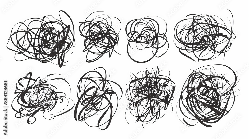 Obraz premium An abstract image featuring chaotic black scribbles, representing intense motion, confusion, and energy on a blank white background. Modern art style from the 2020s.