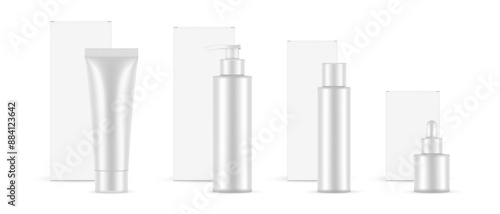 Cosmetic Products Set. Plastic Containers With Packaging Boxes, Isolated On White Background. Vector Illustration