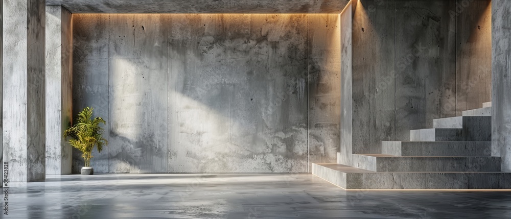An empty room featuring concrete walls A plant in a vase rests near stairs An empty room featuring concrete walls A plant in a vase rests near stairs