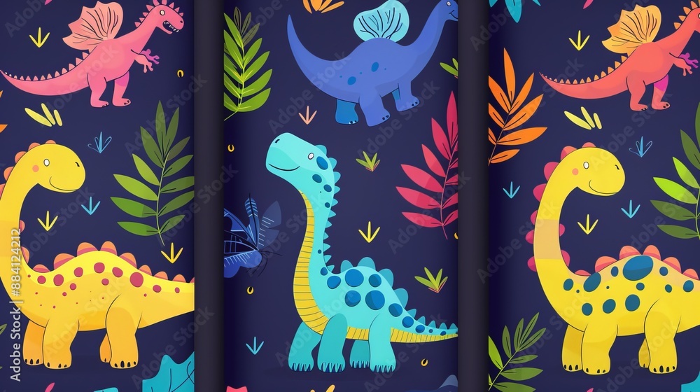 The image features bright and colorful cartoon dinosaurs surrounded by leaves and plants on a dark background, creating a vibrant and engaging scene for young audiences. The image features bright and colorful cartoon dinosaurs surrounded by leaves and plants on a dark background, creating a vibrant and engaging scene for young audiences.