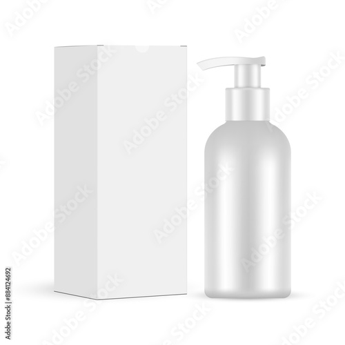 Blank Plastic Pump Bottle With Box. Packaging for Face Wash, Makeup Remover, Isolated On White Background. Vector Illustration