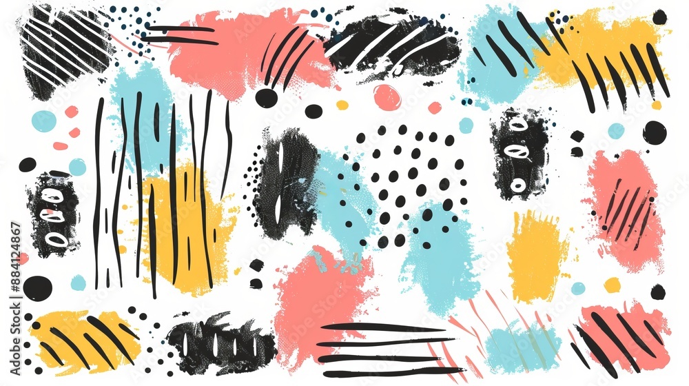 A vivid and lively abstract collage featuring bright and colorful shapes, dots, and brush strokes that combine to create an energetic and expressive visual piece. A vivid and lively abstract collage featuring bright and colorful shapes, dots, and brush strokes that combine to create an energetic and expressive visual piece.