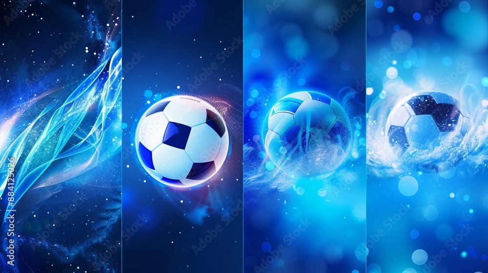 Naklejka premium An abstract visual featuring a soccer ball with dynamic blue elements and futuristic visuals, blending sports and technology into a captivating image of motion.