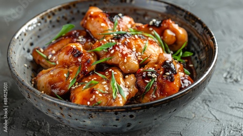 teriyaki sauce-marinated chicken in a grey bowl