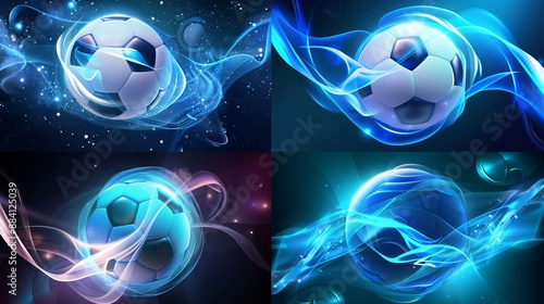 A vibrant and dynamic digital illustration of a soccer ball surrounded by blue energy waves, depicted in four distinct views on a dark background, conveying motion and excitement.