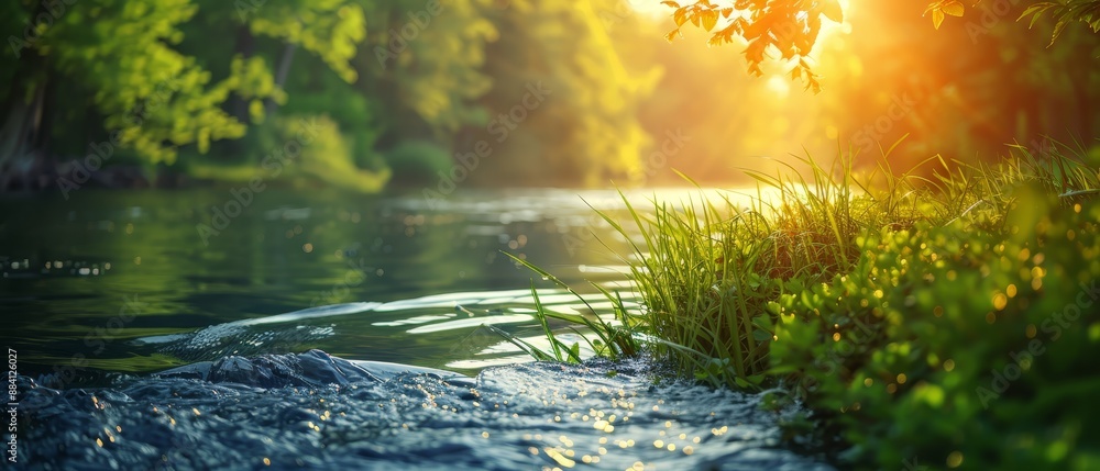 A river runs through a lush, green forest Surrounding it is a forest teeming with tall grasses, and countless trees A river runs through a lush, green forest Surrounding it is a forest teeming with tall grasses, and countless trees