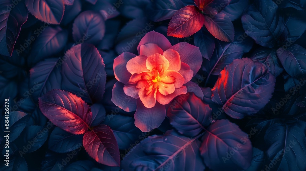 Glowing flower with vibrant petals and dark leaves Glowing flower with vibrant petals and dark leaves