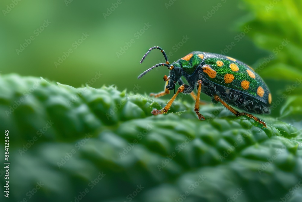 Naklejka premium A Vibrant Green and Yellow Beetle Perched on a Delicate Petal, Contributing to the Cycle of Plant Reproduction This Tiny Creature Plays a Crucial Role in Nature's Ecosystem, Facilitating the Transfer