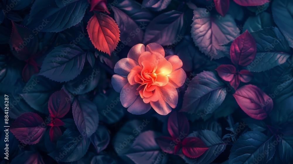 Glowing pink flower in a dark surreal garden with vibrant leaves Glowing pink flower in a dark surreal garden with vibrant leaves