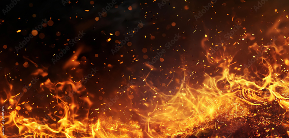 Hyper realistic fiery sparks swirling against a deep black backdrop, resembling gleaming fire particles in the darkness Hyper realistic fiery sparks swirling against a deep black backdrop, resembling gleaming fire particles in the darkness