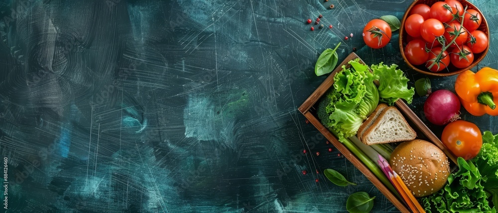 Fresh fruits and veggies arranged on a blackboard against a chalkboard backdrop Fresh fruits and veggies arranged on a blackboard against a chalkboard backdrop